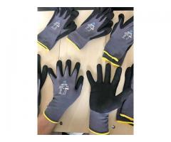 Work gloves 12 pairs Grey nylon with Black micro foam Nitrile palm coating +dots on.