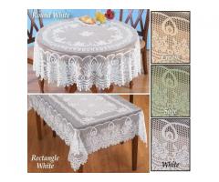 Crochet Lace Floral Tablecloth for Dining Room Accent, Cream, 70" Round.